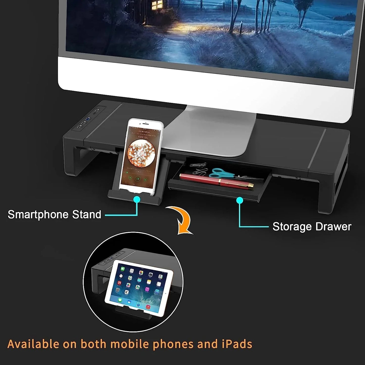Monitor Stand  With USB,Storage Drawer &Stand Tablet Phone